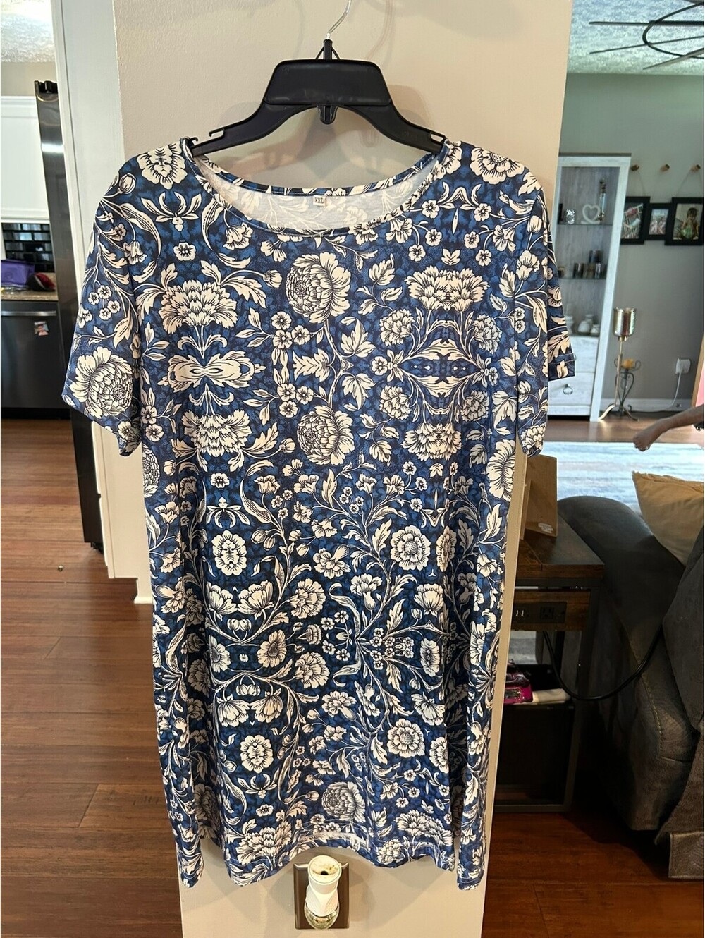 Blue and White Floral Patterned Dress XXL